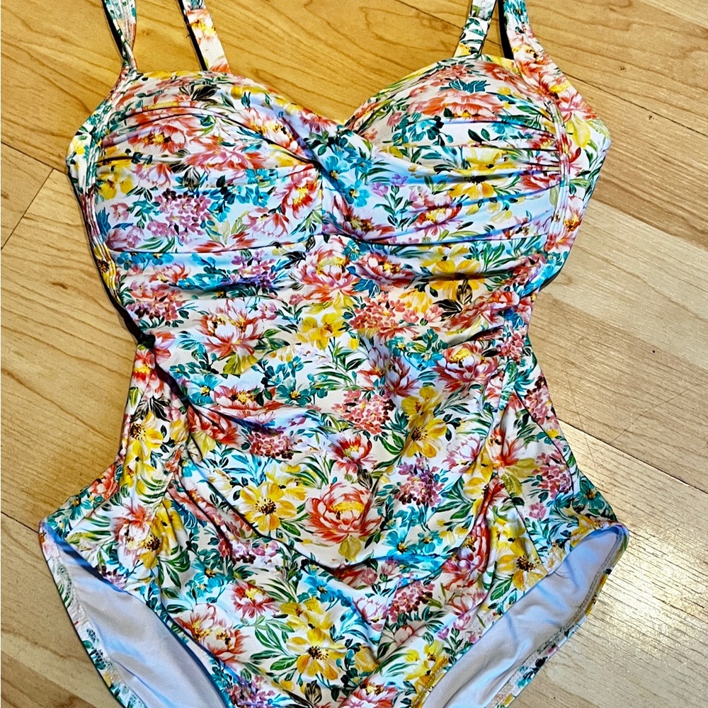 Yellow and Pink One Piece Swimwear with Ruching